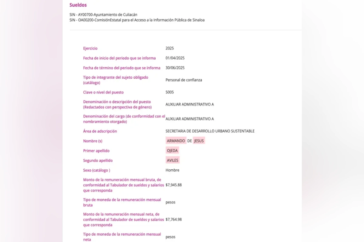 Captura de pantalla de la Plataforma Nacional de Transparencia | Foto: Noroeste
