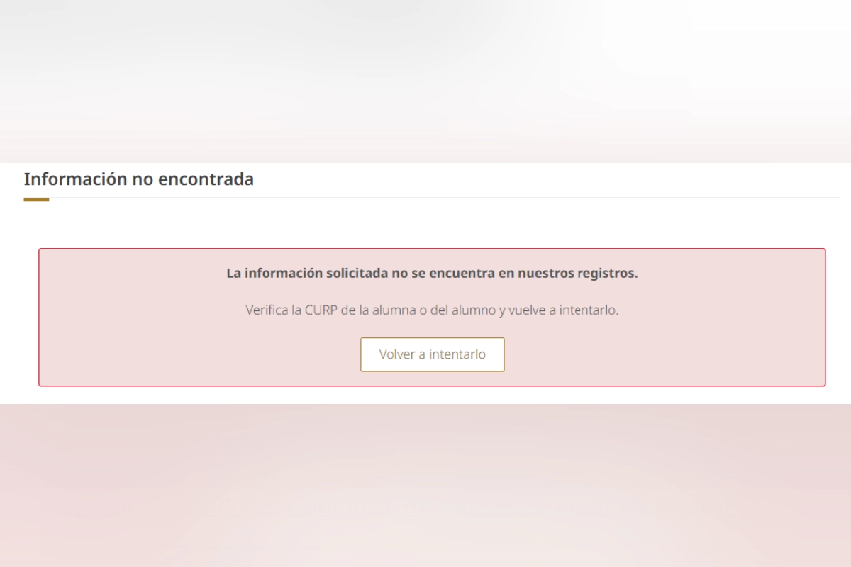 Mensaje en la página del SIGED que muesta que la información no fue encontrada